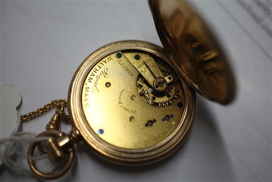 A 19th century Waltham 18ct gold keyless lever hunter pocket watch and a 9ct gold albert,